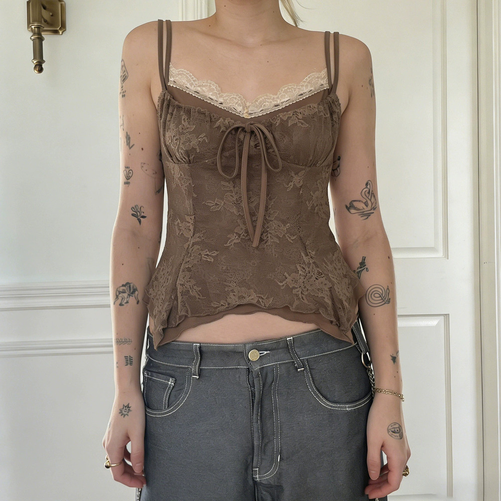 Zara Vintage Lace Trim Double Strap Faux 2-Piece Irregular Tie Jacquard Top